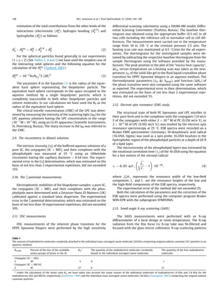 estimation of the total contributions from the other kinds of the
interactions (electrostatic (Ael
2 ), hydrogen bonding (A
h=b
2 ) and
hydrophobic (Ah
2)) as follows:
A*
2 À Aexc
2 ¼ Ael
2 þ A
h=b
2 þ Ah
2 (2)
For the spherical particles found generally in our experiments
(1  r  2) (See Tables 2, 4 and 5) we have used the simplest case of
the interacting solid spheres and the following equation for the
calculation of the Aexc
2 (Tanford, 1961):
Aexc
2 ¼ 10À3
4pNA
.
3 ð2RÞ3
(3)
The parameter R in the Equation (3) is the radius of the equiv-
alent hard sphere representing the biopolymer particle. The
equivalent hard sphere corresponds to the space occupied in the
aqueous medium by a single biopolymer particle, which is
completely inaccessible to both other biopolymer particles and
solvent molecules. In our calculations we have used the Rh as the
radius of the equivalent hard sphere.
The critical micelle concentration (CMC) of the LPC was deter-
mined by measuring the intensity of the scattering light (I90) for the
LPC aqueous solutions having the LPC concentration in the range
(10À7
M ÷ 10-1
M), using an LS-01 apparatus (Scientiﬁc Instruments,
St. Petersburg, Russia). The sharp increase in the I90 was referred to
the CMC.
2.9. The viscosimetry in diluted solutions
The intrinsic viscosity, [h], of the buffered aqueous solutions of a
pure SC, the conjugates (SC þ MD), and their complexes with the
phospholipids was measured at 25 C using an Ubbelohde
viscometer having the capillary diameter ¼ 0.54 mm. The experi-
mental error in the [h] determination, which was estimated on the
basis of not less than 2 experimental repetitions, did not exceeded
15%.
2.10. The z-potential measurements
Electrophoretic mobilities of the biopolymer samples: a pure SC,
the conjugates (SC þ MD), and their complexes with the phos-
pholipids were determined with a Zetasizer Nano ZS Malvern (UK)
calibrated against a standard latex dispersion. The experimental
error in the z-potential determination, which was estimated on the
basis of not less than 10 experimental repetitions, did not exceeded
10%.
2.11. DSC measurements
DSC measurements of the inherent phase transition for the
DPPC liposome bilayers were performed by the high sensitivity
differential scanning calorimetry using a DASM-4M model, Differ-
ential Scanning Calorimeter (Pushino, Russia). The baseline ther-
mogram was obtained using the appropriate buffer (0.5 ml) in all
two cells including the reference cell to normalize cell to cell dif-
ferences. The measurements were carried out in the temperature
range from 10 to 110 C at the constant pressure 2.5 atm. The
heating scan rate was maintained at 0.5 C/min for the all experi-
ments. The thermograms for the investigated samples were ob-
tained by subtracting the respective baseline thermogram from the
sample thermogram using the software provided by the manu-
facturer. The peak position in the plot of the “excess heat capacity”,
DCp, versus temperature on a heating scan was taken as the tem-
perature, ttr, of the solid-like gel to the ﬂuid liquid-crystalline phase
transition for DPPC liposome bilayers in an aqueous medium. The
thermodynamic parameters (ttr, Dt, hpeak), and function (DHtr) of
the phase transition were also computed using the same software
as reported. The experimental error in their determination, which
was estimated on the basis of not less than 2 experimental repe-
titions, did not exceeded 5%.
2.12. Electron spin resonance (ESR) study
The structural state of both PC liposomes and LPC micelles in
their pure form and in the complexes with the conjugates (1.0 wt/v
% of the conjugates with either 2 Â 10-3
M of PC (0.156 wt/v %), or
2 Â 10-3
M of LPC (0.102 wt/v %)) was studied by the electron spin
resonance spectroscopy at 25 C. ESR spectra were recorded on a
Bruker EMX spectrometer (Germany). 16-doxylstearic acid radical
(16-DSA, Sigma) was used as a spin probe. 16-DSA localizes in the
hydrophobic region of the phospholipid particles at a depth of 20 Å
of a lipid layer.
The microviscosity of the phospholipid layers was estimated by
the rotational correlation time (tс) of the 16-DSA using the equation
for a fast motion of the nitroxyl radical:
tс ¼ 6; 65$DНþ
ﬃﬃﬃﬃﬃ
Iþ
IÀ
s
À 1
!
$10À10
; (4)
where △Hþ represents the resonance width of the low-ﬁeld
component, Iþ and IÀ are the resonance heights of the low and
the high-ﬁeld components of the ESR spectra, respectively.
The experimental error of the method did not exceeded 2%.
Both the calculation of the parameters and the correction of the
ESR spectra were performed using the computer program Bruker
WIN-EPR with the subprogram SYMFONIA.
2.13. Small-angle X-ray scattering (SAXS)
The SAXS measurements were performed with an X-ray
diffractometer of a local design at room temperature. The X-ray
radiation from the ﬁne focus Cu X-ray tube was Ni-ﬁltered and
focused with the glass mirror collimator. X-ray scattering patterns
Table 1
The amount of maltodextrin molecules covalently attached to the individual mass-averaged casein molecule (24 kDa) comprising original sodium caseinate (SC) particles in an
aqueous medium.
Rweight Percent of the loss of the available
amino groups of lysine in the SC
Rm
a
The quantity of the maltodextrin molecules covalently
bound to the individual averaged casein molecules
The quantity of the free maltodextrin
molecules
Conjugate (SC þ SA2)
2 30 5 4 1
Conjugate (SC þ MD10)
2 45 27 6 21
a
Under the calculation of the molar ratio Rm we have taken into account the molar masses of the individual molecules of maltodextrins (9 kDa and 1.8 kDa for the
maltodextrins SA2 and MD10, respectively) (Harkema, 1998) and the individual mass-averaged casein molecules (24 kDa) (Swaisgood, 2003) comprising the original sodium
caseinate particles.
M.G. Semenova et al. / Food Hydrocolloids 52 (2016) 144e160148
 