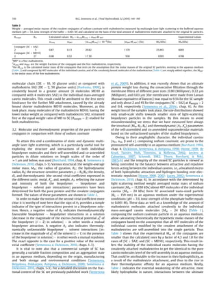 molecular chain (DE ¼ 10, 10 glucose units) as compared with
maltodextrin SA2 (DE ¼ 2, 50 glucose units) (Harkema, 1998), is
covalently bound in a greater amount (6 molecules MD10 as
compared with 4 molecules SA2) to the individual mass-averaged
casein molecules. This result could be attributed to the less steric
hindrance for the further MD attachment, caused by the already
bound shorter maltodextrin MD10 molecules. Moreover, as this
took place, many molecules of the maltodextrin MD10, having the
lower molar weight as compared with maltodextrin SA2, remained
free at the equal weight ratio of MD to SC (Rweight ¼ 2) studied for
both maltodextrins.
3.2. Molecular and thermodynamic properties of the pure covalent
conjugates in comparison with those of sodium caseinate
To attain this end a combination of static and dynamic multi-
angle laser light scattering, which is a particularly useful tool for
exploring the structure and interactions of both individual
biopolymer molecules and their self-assembled and co-assembled
particles in dilute solutions on length scales of the order of
z1 mm and below, was used (Burchard, 1994, chap. 4; Semenova 
Dickinson, 2010, chaps.1-3). Various structural (the weight-average
molar mass, Mw; the radius of gyration, RG; the hydrodynamic
radius, Rh; the structure-sensitive parameter, r ¼ RG/Rh; the density,
d), and thermodynamic (the second virial coefﬁcient expressed in
the different units: molal, A*
2, and, weight, A2, reﬂecting the nature
and intensity of both the biopolymer À biopolymer and
biopolymer À solvent pair interactions) parameters have been
determined for both the pure protein and the covalent conjugates
formed. The values of these parameters are shown in Table 2.
In order to make the notion of the second virial coefﬁcient more
clear it is worthy of note here that the sign of A2 provides a simple
indicator of the type of interactions present in a biopolymer solu-
tion. Hence, a negative value of A2 indicates thermodynamically
favourable biopolymer À biopolymer interactions in a solution
(decrease in the magnitude of the excess chemical potential mE
i of
the biopolymer (i ¼ 2) in solution) À in other words a mutual
biopolymer attraction. A negative A2 also indicates thermody-
namically unfavourable biopolymer À solvent interactions (in-
crease in the magnitude of mE
i of the solvent (i ¼ 1) in the presence
of the biopolymer in solution) À in other words a mutual repulsion.
The exact opposite is the case for a positive value of the second
virial coefﬁcient (Semenova  Dickinson, 2010, chaps. 1-3).
It is vital to note also that a commercial sample of SC has
generally a variable fraction composition and an aggregation state
in an aqueous medium, depending on the origin, manufacturing
and both storage and environmental conditions (Semenova,
Belyakova, Polikarpov, Antipova,  Dickinson, 2009; Semenova 
Dickinson, 2010, chaps. 1-3). For a detailed discussion on the frac-
tional content of the SC see previously published work (Semenova
et al., 2009). In addition, it was recently shown that an ultimate
protein weight loss during the consecutive ﬁltration through the
membrane ﬁlters of different pore sizes (0.80 (Millipore), 0.22 mm
(Millipore), and 0.03 mm (the membranes were made from Lavsan
(Russian equivalent of Darcon)) was equal to 9.5% for the SC sample
and only about 2 and 4% for the conjugates (SC þ SA2) at Rweight ¼ 2
and 0.4, respectively (Semenova et al., 2014c, chap. 6). As this
weight loss of the samples took place, the size distributions showed
only small-scale shifts towards smaller sizes of light-scattering
biopolymer particles in the samples. By this means to avoid
misunderstanding we stress that we have measured here always
the structural (Mw, RG, Rh) and thermodynamic (A2, A*
2) parameters
of the self-assembled and co-assembled supramolecular materials
based on the unfractioned samples of the studied biopolymers.
Owing to their amphiphilic character, the individual caseins
(aS1, aS2, b and k), composing sodium caseinate, are prone to the
pronounced self-assembly in an aqueous medium (Burchard, 1994,
chap. 4; Dickinson, Semenova,  Antipova, 1998; Horne, 1998; de
Kruif, Tuinier, Holt, Timmins,  Rollema, 2002; Leclerc 
Calmettes, 1997; Schmidt, 1982; Thurn, Burchard,  Niki,
1987a,b) and the integrity of the mixed SC particles is viewed as
being controlled by the balance between attractive and repulsive
forces acting between the individual caseins, i.e., a localized excess
of both hydrophobic attraction and hydrogen bonding over elec-
trostatic repulsion (Horne, 1998, 2002; Lucey, 2002; Semenova 
Dickinson, 2010, chap. 6). In accordance with the determined by
light scattering method weight averaged molar mass of sodium
caseinate (Mw ¼ 11,930 kDa) about 497 molecules of the individual
caseins (Mw ~ 24 kDa) form SC associated nano-sized particle
(RG ¼ 159 nm) in an aqueous medium under the experimental
conditions (pH ¼ 7.0, ionic strength of the phosphate buffer equals
to 0.001 M). These data as well as a knowledge of the amount of
maltodextrin molecules attached covalently to the individual
mass-averaged casein molecules (Mw ~ 24 kDa) (Table 1),
composing the sodium caseinate particle in an aqueous medium,
allow calculating theoretically the hypothetic molar masses of the
conjugates based on the assumption that all 497 molecules of the
individual caseins modiﬁed by the covalent attachment of the
maltodextrins are self-assembled into the single particle. Thus
Table 3 shows that the experimental Mw of the conjugates are
smaller than the calculated ones by a factor of 4.3 and 1.8 for the
cases of (SC þ SA2) and (SC þ MD10), respectively. This result in-
fers the inability of the individual casein molecules having the
covalently attached maltodextrins to get the identical to the pure
casein molecules level of the self-assembly in an aqueous medium.
That could be attributable to the increase in their hydrophilicity, as
a result of the maltodextrin attachment, and thus to the rise in
their thermodynamic afﬁnity for an aqueous medium. Really,
Table 2 indicates the essential weakening of the attractive, most
likely hydrophobic in nature, interactions between the ultimate
Table 3
Weight e averaged molar masses of the covalent conjugates of sodium caseinate with maltodextrins measured by multiangle laser light scattering in the buffered aqueous
medium (pH ¼ 7.0, ionic strength of the buffer ¼ 0.001 M) and calculated on the basis of the total amount of maltodextrins molecules attached to the original SC particles.
Rweight Rm Calculated values: Mw ¼ wconjMconj þ wMD*M MD* Experimental values
wconj wMD* (wconjMconj) Â 10À6
(Da) (wMD*M MD*) (Da) Mw(kDa) Mw(kDa)
Conjugate (SC þ SA2)
2 5 0.87 0.13 29.82 1170 25,945 6005
Conjugate (SC þ MD10)
2 27 0.48 0.52 17.30 936 8305 4706
1
MD* is a free maltodextrin.
2
wconj and wMD* are the weight fractions of the conjugate and the free maltodextrin, respectively.
3
the Mconj is the calculated molar mass of the conjugates that rests on the assumption that the molar masses of the original SC particles, existing in the aqueous medium
(Table 2) and composed by 497 molecules of the individual caseins, and of the covalently bound molecules of the maltodextrins (Table 1) are simply added together; the MMD*
is the molar mass of the free maltodextrin.
M.G. Semenova et al. / Food Hydrocolloids 52 (2016) 144e160150
 