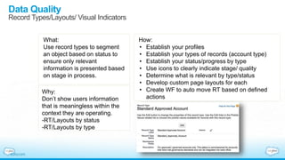 Data Quality
Record Types/Layouts/ Visual Indicators
What:
Use record types to segment
an object based on status to
ensure only relevant
information is presented based
on stage in process.
Why:
Don’t show users information
that is meaningless within the
context they are operating.
-RT/Layouts by status
-RT/Layouts by type
How:
• Establish your profiles
• Establish your types of records (account type)
• Establish your status/progress by type
• Use icons to clearly indicate stage/ quality
• Determine what is relevant by type/status
• Develop custom page layouts for each
• Create WF to auto move RT based on defined
actions
 