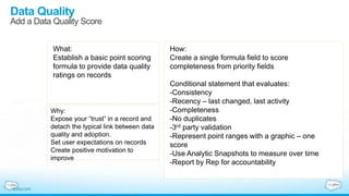 Data Quality
Add a Data Quality Score
What:
Establish a basic point scoring
formula to provide data quality
ratings on records
Why:
Expose your “trust” in a record and
detach the typical link between data
quality and adoption.
Set user expectations on records
Create positive motivation to
improve
How:
Create a single formula field to score
completeness from priority fields
Conditional statement that evaluates:
-Consistency
-Recency – last changed, last activity
-Completeness
-No duplicates
-3rd party validation
-Represent point ranges with a graphic – one
score
-Use Analytic Snapshots to measure over time
-Report by Rep for accountability
 