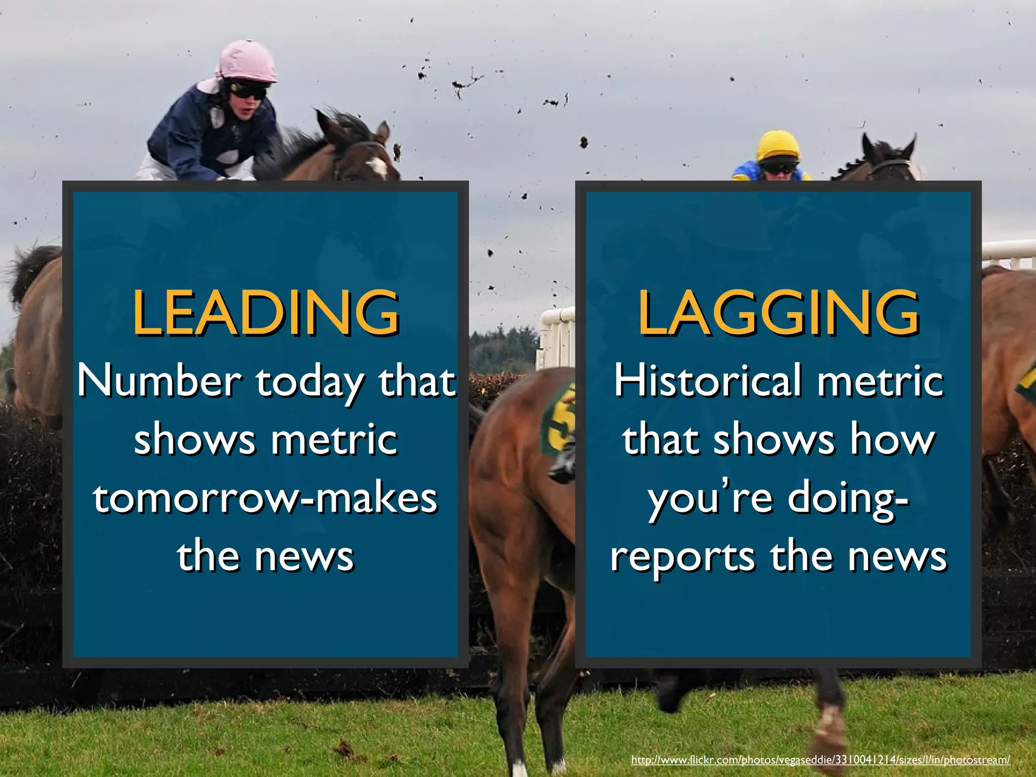 LEADING            LAGGING
Number today that   Historical metric
  shows metric       that shows how
tomorrow-makes        you’re doing-
    the news        reports the news


                     http://www.flickr.com/photos/vegaseddie/3310041214/sizes/l/in/photostream/
 