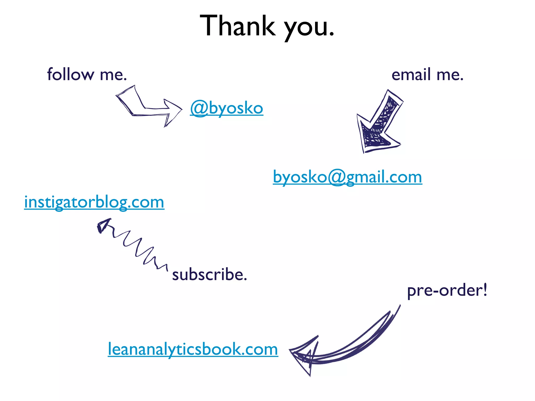 Thank you.
  follow me.                                  email me.
                       @byosko


                                  byosko@gmail.com
instigatorblog.com


                     subscribe.
                                                pre-order!


          leananalyticsbook.com
 
