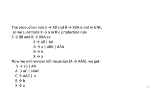 102
The production rule S → XB and B → XBA is not in GNF,
so we substitute X → a in the production rule
S → XB and B → XBA as:
S → aB | AA
A → a | aBA | AAA
B → b
X → a
Now we will remove left recursion (A → AAA), we get:
S → aB | AA
A → aC | aBAC
C → AAC | ε
B → b
X → a
 