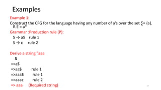 Examples
Example 1:
Construct the CFG for the language having any number of a's over the set ∑= {a}.
R.E = a*
Grammar :Production rule (P):
S → aS rule 1
S → ε rule 2
Derive a string "aaa
S
=>aS
=>aaS rule 1
=>aaaS rule 1
=>aaaε rule 2
=> aaa (Required string) 17
 