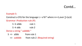 Contd…
Example 5:
Construct a CFG for the language L = anb2n where n>=1,over ∑={a,b}
Grammar :Production rule (P):
S → aSbb rule 1
S → abb rule 2
Derive a string " aabbbb “
S => aSbb from rule 1
=> aabbbb from rule 2 (Required string)
21
 