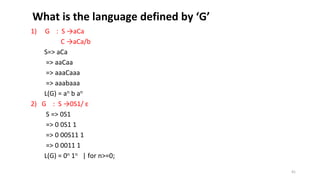 1) G : S →aCa
C →aCa/b
S=> aCa
=> aaCaa
=> aaaCaaa
=> aaabaaa
L(G) = an b an
2) G : S →0S1/ ε
S => 0S1
=> 0 0S1 1
=> 0 00S11 1
=> 0 0011 1
L(G) = 0n 1n | for n>=0;
41
What is the language defined by ‘G’
 