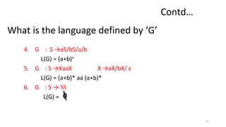 What is the language defined by ‘G’
4. G : S →aS/bS/a/b
L(G) = (a+b)+
5. G : S →XaaX X →aX/bX/ ε
L(G) = (a+b)* aa (a+b)*
6. G : S → SS
L(G) =
43
Contd…
 
