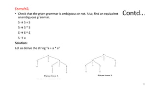 Contd…
Example2:
• Check that the given grammar is ambiguous or not. Also, find an equivalent
unambiguous grammar.
S → S + S
S → S * S
S → S ^ S
S → a
Solution:
Let us derive the string “a + a * a"
52
 