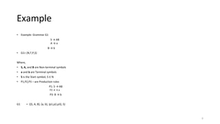 Example
• Example: Grammar G1
S → AB
A → a
B → b
• G1= (N,T,P,S)
Where,
• S, A, and B are Non-terminal symbols
• a and b are Terminal symbols
• S is the Start symbol, S ∈ N
• P1,P2,P3 – are Production rules
P1: S → AB
P2: A → a
P3: B → b
G1 = ({S, A, B}, {a, b}, {p1,p2,p3}, S)
6
 