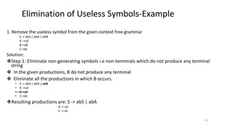 1. Remove the useless symbol from the given context free grammar
S -> abS | abA | abB
A ->cd
B->aB
C->dc
Solution:
❖Step 1: Eliminate non-generating symbols i.e non-terminals which do not produce any terminal
string
❖ In the given productions, B do not produce any terminal
❖ Eliminate all the productions in which B occurs.
• S -> abS | abA | abB
• A ->cd
• B->aB
• C->dc
❖Resulting productions are: S -> abS | abA
A -> cd
C -> dc
Elimination of Useless Symbols-Example
63
 