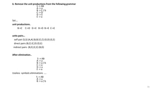 6. Remove the unit productions from the following grammar
S -> AB
A -> a
B -> C / b
C -> D
D -> E
E -> a
Sol….
unit productions..
B->C C->D D->E B->D B->E C->E
units pairs…
self pair (S,S) (A,A) (B,B) (C,C) (D,D) (E,E)
direct pairs (B,C) (C,D) (D,E)
indirect pairs (B,E) (C,E) (B,D)
After elimination..
S -> AB
A -> a
B -> a / b
C -> a
D -> a
E -> a
Useless symbols eliminations ….
S -> AB
A -> a
B -> a / b
81
 