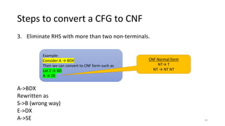 Steps to convert a CFG to CNF
3. Eliminate RHS with more than two non-terminals.
A->BDX
Rewritten as
S->B (wrong way)
E->DX
A->SE
Example:
Consider A → BDX
Then we can convert to CNF form such as
Let Z → BD
A → ZX
CNF Normal form
NT→ T
NT → NT NT
87
 