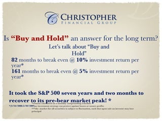 Is   “Buy and Hold”   an answer for the long term? 82  months to break even @  10%  investment return per year* Let’s talk about “Buy and Hold” 161  months to break even @  5%  investment return per year* It took the S&P 500 seven years and two months to recover to its pre-bear market peak! * *(3/24/2000-5/30/2007) *returns calculated on a monthly compounding schedule  ** no investment strategy can protect against losses or assure profits ***the  market for all securities is subject to fluctuation, such that upon sale an investor may lose principal 