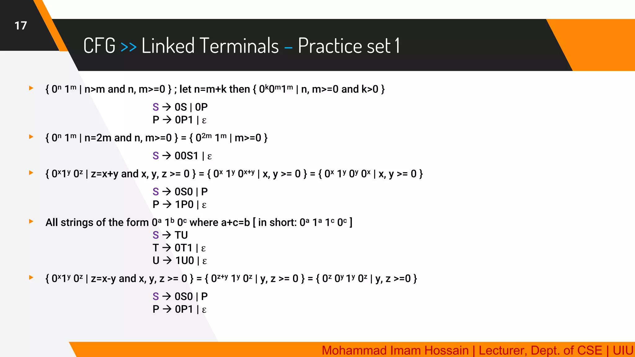 CFG >> Linked Terminals – Practice set 1
17
▸ { 0n 1m | n>m and n, m>=0 } ; let n=m+k then { 0k0m1m | n, m>=0 and k>0 }
S → 0S | 0P
P → 0P1 | ε
▸ { 0n 1m | n=2m and n, m>=0 } = { 02m 1m | m>=0 }
S → 00S1 | ε
▸ { 0x1y 0z | z=x+y and x, y, z >= 0 } = { 0x 1y 0x+y | x, y >= 0 } = { 0x 1y 0y 0x | x, y >= 0 }
S → 0S0 | P
P → 1P0 | ε
▸ All strings of the form 0a 1b 0c where a+c=b [ in short: 0a 1a 1c 0c ]
S → TU
T → 0T1 | ε
U → 1U0 | ε
▸ { 0x1y 0z | z=x-y and x, y, z >= 0 } = { 0z+y 1y 0z | y, z >= 0 } = { 0z 0y 1y 0z | y, z >=0 }
S → 0S0 | P
P → 0P1 | ε
Mohammad Imam Hossain | Lecturer, Dept. of CSE | UIU
 