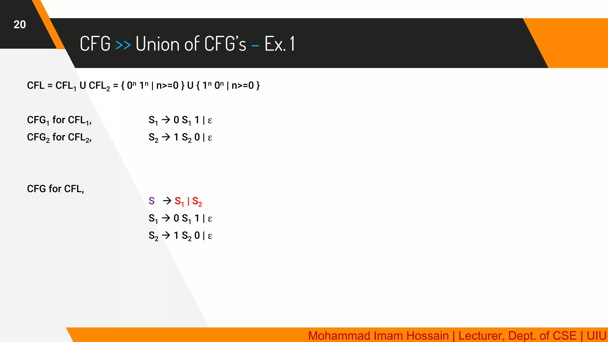 CFG >> Union of CFG’s – Ex. 1
20
CFL = CFL1 U CFL2 = { 0n 1n | n>=0 } U { 1n 0n | n>=0 }
CFG1 for CFL1, S1 → 0 S1 1 | ε
CFG2 for CFL2, S2 → 1 S2 0 | ε
CFG for CFL,
S → S1 | S2
S1 → 0 S1 1 | ε
S2 → 1 S2 0 | ε
Mohammad Imam Hossain | Lecturer, Dept. of CSE | UIU
 