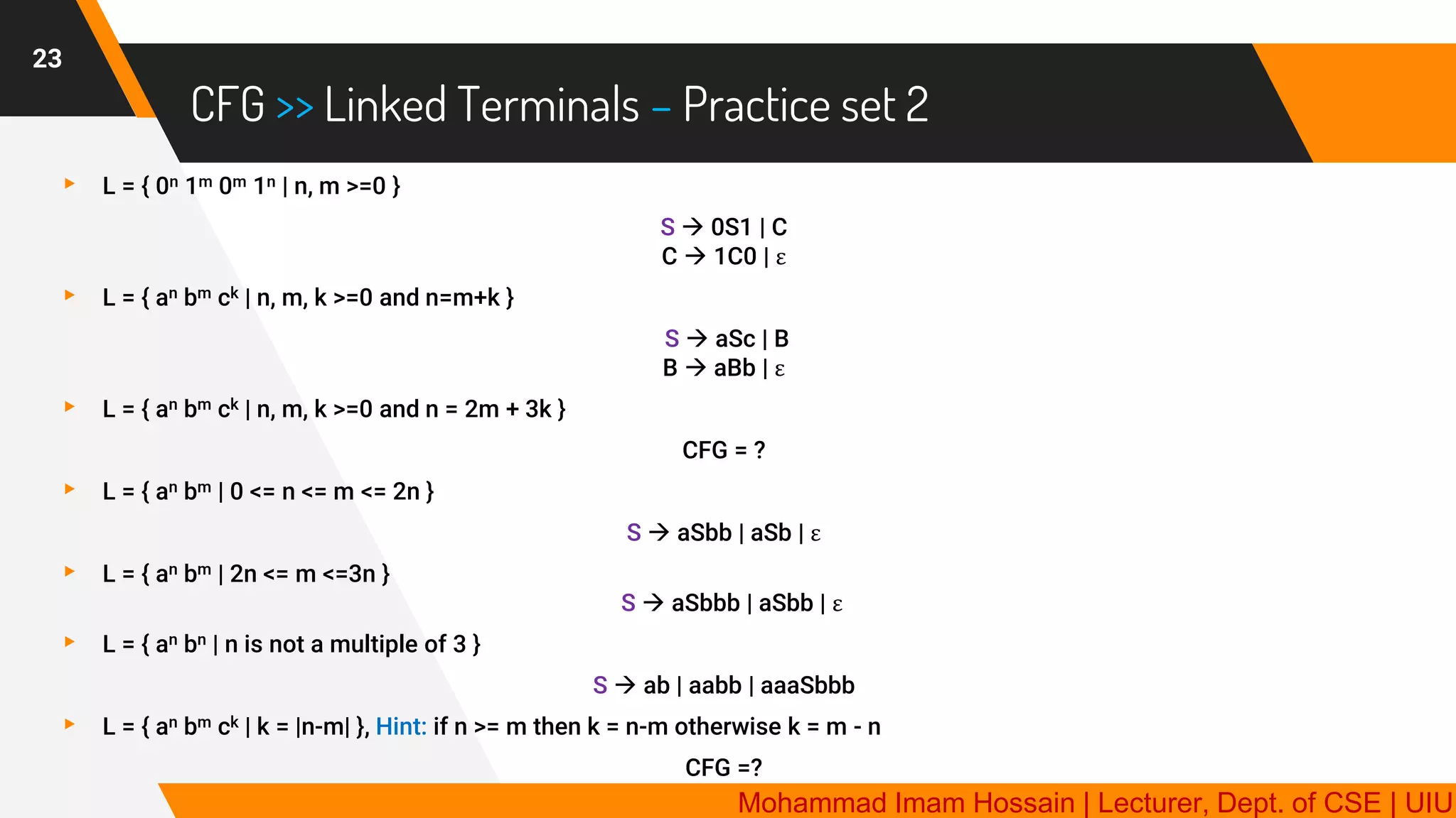CFG >> Linked Terminals – Practice set 2
23
▸ L = { 0n 1m 0m 1n | n, m >=0 }
S → 0S1 | C
C → 1C0 | ε
▸ L = { an bm ck | n, m, k >=0 and n=m+k }
S → aSc | B
B → aBb | ε
▸ L = { an bm ck | n, m, k >=0 and n = 2m + 3k }
CFG = ?
▸ L = { an bm | 0 <= n <= m <= 2n }
S → aSbb | aSb | ε
▸ L = { an bm | 2n <= m <=3n }
S → aSbbb | aSbb | ε
▸ L = { an bn | n is not a multiple of 3 }
S → ab | aabb | aaaSbbb
▸ L = { an bm ck | k = |n-m| }, Hint: if n >= m then k = n-m otherwise k = m - n
CFG =?
Mohammad Imam Hossain | Lecturer, Dept. of CSE | UIU
 