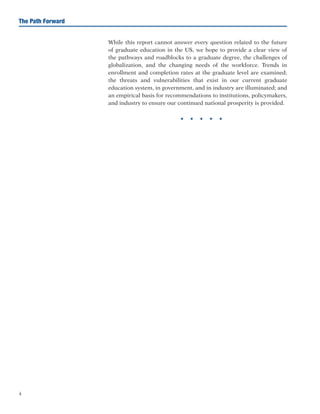 4
The Path Forward
While this report cannot answer every question related to the future
of graduate education in the US, we hope to provide a clear view of
the pathways and roadblocks to a graduate degree, the challenges of
globalization, and the changing needs of the workforce. Trends in
enrollment and completion rates at the graduate level are examined;
the threats and vulnerabilities that exist in our current graduate
education system, in government, and in industry are illuminated; and
an empirical basis for recommendations to institutions, policymakers,
and industry to ensure our continued national prosperity is provided.
H H H H H
 