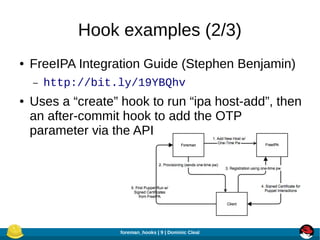 Hook examples (2/3)
●

FreeIPA Integration Guide (Stephen Benjamin)
–

●

http://bit.ly/19YBQhv

Uses a “create” hook to r...