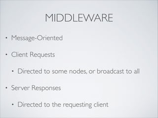 MIDDLEWARE
•

Message-Oriented	


•

Client Requests	

•

•

Directed to some nodes, or broadcast to all	


Server Respons...