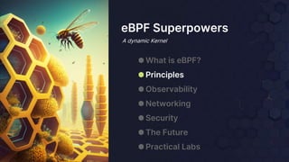 eBPF Superpowers
A dynamic Kernel
⬢ What is eBPF?
⬢ Principles
⬢ Observability
⬢ Networking
⬢ Security
⬢ The Future
⬢ Practical Labs
 