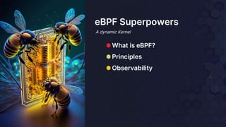 ⬢ What is eBPF?
⬢ Principles
⬢ Observability
eBPF Superpowers
A dynamic Kernel
 