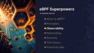 eBPF Superpowers
A dynamic Kernel
⬢ What is eBPF?
⬢ Principles
⬢ Observability
⬢ Networking
⬢ Security
⬢ The Future
⬢ Practical Labs
 