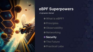 eBPF Superpowers
A dynamic Kernel
⬢ What is eBPF?
⬢ Principles
⬢ Observability
⬢ Networking
⬢ Security
⬢ The Future
⬢ Practical Labs
 