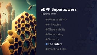 eBPF Superpowers
A dynamic Kernel
⬢ What is eBPF?
⬢ Principles
⬢ Observability
⬢ Networking
⬢ Security
⬢ The Future
⬢ Practical Labs
 