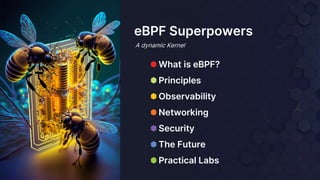 ⬢ What is eBPF?
⬢ Principles
⬢ Observability
⬢ Networking
⬢ Security
⬢ The Future
⬢ Practical Labs
eBPF Superpowers
A dynamic Kernel
 