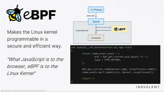 Makes the Linux kernel
programmable in a
secure and efficient way.
“What JavaScript is to the
browser, eBPF is to the
Linu...