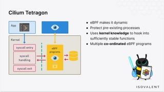 Cilium Tetragon
● eBPF makes it dynamic
● Protect pre-existing processes
● Uses kernel knowledge to hook into
sufficiently stable functions
● Multiple co-ordinated eBPF programs
 
