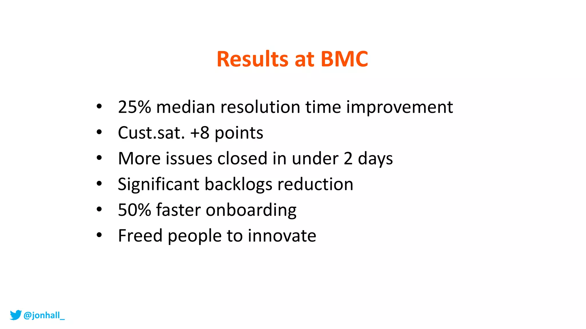 • 25% median resolution time improvement
• Cust.sat. +8 points
• More issues closed in under 2 days
• Significant backlogs reduction
• 50% faster onboarding
• Freed people to innovate
Results at BMC
@jonhall_
 