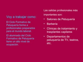 Las salidas profesionales más
                           importantes son:
Voy a trabajar como:
                           • Salones de Peluquería
El Ciclo Formativo de
Peluquería forma a
                           • Barbería
profesionales preparados   • Clínicas de tratamiento y
para el mundo laboral.       trasplantes capilares
El alumnado del Ciclo      • Departamentos de
Formativo de Peluquería
                             peluquería de TV, teatros,
tiene un alto nivel de
ocupación.
                             etc.
 