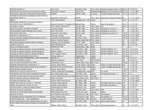 Professor aprendiz, O                                          Leite, Elvira                         ME (DES), 1995        1ªed. Lisboa    Programa europeu Petra II, Acção II (1) 2 - B, 48 / AII
                                                                                                                                                                          146
Organización del curriculum por proyectos de trabajo           Hernandez, Fernando                   GRAO (ICE)            3ªedBarcelona.Manuales per la inovación educativa,6 1 - C, 64 / MIE6
                                                                                                                                                                        179 (1)
Descentraliz, regionaliz e reforma democrática Estado          CAREAT                                MEPAT, 1999           2ª Lisboa       Território e desenvolvimento    181 (1) 2 - B, 45 / TD
Avaliação da escola como estratégia de desenvolvim da
organização escolar, A                                         Figueiredo, Carla Cibele              ME (IE)               1ªed. Lisboa    Desenvolvim organiz escolares,365        1 - D, 31 / DOE3
Ritmos                                                         Pinto, Nadir Martinez                 Portugalmundo, 1996 Lisboa                                            63 (3)   2 - D, 31 / PN
Reprodução, elementos p uma teoria do sistema
educativo;tít orig La réproduction, A                          Bordeiu,Pierre;trad C.Perdigão G.Silca
                                                                                                    Editorial Veja         Lisboa          Veja /Universidade, 1           303 (1) 1 - C, 75 / RE1
Inovação em videos                                             Pires, Albano Lemos [et al]          ME (IE), 2000          1ªed. Lisboa    Clip                            382 (1) 2 - D, 55 / IE
Manuais escolares, inovação ou tradição?                       Tormenta, Rafael                      ME (IE), 1996         1ªed. Lisboa    Avaliação do currículo, 7       67       1 - C, 55 / AC7
Implementação modelo avaliação ensino básico                   Alaiz, Vitor [et al]                  ME (IE), 1995         1ªed. Lisboa    Avaliação do currículo, 9       91       1 - C, 56 / AC9
Área escola, sete vozes …                                      Figueiredo, Carla Cibele              ME (IE), 2000         1ªed. Lisboa    Avaliação do curriculo, 10      174 [1] 1 - C, 57 / AC10
Geoplano na sala de aula, O                                    Serrazina, Lourdes                    APM, 88               3ªed. Lisboa                                    294 (3) 2 - D, 14 / APM
Ensino secundário debate-reflexões escolas e profs, O          Fernandes, Domingos [et al]           ME (DES), 1998        1ªed. Lisboa                                    104 (2) 2 - B, 53 / DES
Trabalho experimental, O                                       Ribeiro, Cremilde Caldeira            Plátano Editora ME (DPG),1997
                                                                                                                           1ªed. Lisboa                                    48       2 - D, 09 / DEP
Monografia pedagóg (projecto trabalho (c/ilustraç)             Felizardo, Hermínio Baptista          ME (IE), 1996         1ªed. Lisboa                                    66       2 - B, 62 / IE
Qualitépsicológ e La
Teoria à l´école, prática educacional;tít orig Psychological   Bailly, Michèlle [et al]              Economica, 1998       Paris                                           203      2 - B, 19 / QE
theory and education pratice                                   Machfarland, HSN                      Editora Globo, 1989   Brasil                                                   2-C
Evolução do sistema educativo: estudos temáticsos              Lima, Licínio ...                     ME (DAPP), 1998       Lisboa          Estudos temáticos, vol. I       277 (1) 1 - B, 40 / ET1
Evolução do sistema educativo: estudos temáticos               Bairrão, Joaquim …                    ME (DAPP), 1997       Lisboa          Estudos temáticos, vol. II      352 (2) 1 - B, 41 / ET2
Evolução do sistema educativo: estudos temáticoa               Silva, Augusto Santos                 ME (DAPP), 1998       Lisboa          Estudos temáticos, vol.III      331 (2) 1 - B, 42 / ET3
Rede pública de educação e ensino (2ex)                        Oliveira, António J.                  Gaitan Morin          Lisboa                                          149 (4) 2 - E
País da matemática;tít origMathland…expert version(2ex)        Norman, LC                            Gradiva, 1997         Lisboa                                          75      2 - D, 10 / G
Técnicas de trabalho de grupo                                  Minicucci, Agostinho                  Atlas, 1992           2ªed. S.Paulo                                   303      2 - B, 34 / At
Vers une gestion éducative de la classe                        Archambault, Jean…                    Gaetan Morin, Paris, 1996 Porto
                                                                                                                            4ªed.                                          232 (2) 1 - D, 58 / GM
Educação ambiental para o desenvolvim , A                      Cavaco, Maria Helena                  Escolar Editora, 1992 Olhão           Cadern inovação educacional, 1 148       1 - C, 54 / IE1
Mudar escola mudar práticas (estudo caso ambiental)            Benavente, Ana (coorden) (et al)      Escolar Editora, 1993 Lisboa          Cadern inovação educacional, 2 171       1 - C, 53 / IE2
Literatura para crianças e jovens                              Gomes, José António                   Caminho, 1991         Lisboa                                          132 (2) 1 - D, 46 / CP
Poder de ler; tít orig Le pouvoir de lire, O                   Jolibert, Josette;trad Emília Bessa   Civilização edit, 1978 Porto          Col. Ponte                      3123     1 - C, 76 / PL
Orientações curriculares para a educação pre-escolar           Silva, Maria Isabel Lopes             ME (DEB), 1997        Lisboa          Educação pre-escolar, 1         94 (1)   2-E
Aprender a ensinar (2ex); tít orig Learning to teach           Arends, Richard;trad Ma João Alvarez
                                                                                                  McGraw-Hill, 1995        Portugal …                                      566 (2) 1 - D, 60 / AE(2)
Ensinar a estudar, aprender a estudar (2ex)                    Zenha,. Armando                       Porto Editora, 2001   2ªed. Porto                                     160      2 - B, 66 / PE(3)
Investigar para aprender (2ex)                                 Cavaco, Maria Helena [et al]          ME (DEB), 1985                                                        77 (1)   2 - B, 60 / ME(2)
Gestão inter cultural do currículo (1º ciclo)(2ex)             Cardoso, Carlos Manuel                ME (PEM), 1998        Lisboa          Educação intercultural, 10(2ex) 191      2 - C, 07 / G1
Gestão intercultural do currículo (2º ciclo)                   Cardoso, Carlos Manuel                ME (PEM), 1998        Lisboa          Educação intercultural, 2       239      2 - C, 08 / G2
Ciências naturais - Guião do professor (8ºano)                 Simões Maria de Fátima                Editorial O Livro     Lisboa                                          128      2 - D, 23 / L
Histórias da aula de matemática                                Ponte, João Pedro                     (IE) APM, 1997        1ªed. Lisboa    APM                             98 (1)   2 - D, 15 / APM
Técnicas de conformação cerâmica e decoração                   Rocha, Agostinho [et al]              CFECU (IE), 2001      Valongo         Oficina                         79       2 - D, 56 / EI1
Esciola e mudança                                              Lima, Maria de Jesus [et al]          Afrontamento, 1985    2ªed. Porto     Ser professor                   70      2 - B, 67 / SP
Genealogias escola:a capacidade de as compreender              Araújo, Helena Costa                  Afrontamento, 1993    Porto           Ser professor, 10               106 [1] 2 - D, 35 / SP
E agora tu dizias que … jogos pedagógicos                      Cortesão, Luisa [et al]               Afrontamento, 1995    Coimbra         Col Ser professor               140 (2) 2 - D, 34 / CSP
Ensino experimental ciências (Material didáct,vol.I (3ex)      Mateus, António [et al]               ME (DES), 1992        1ªed. Lisboa    Ensino experimental, 1          83       2 - D, 08 / EE1
Ensino experimental ciência,concepção,concretização,vol I
(2ex)                                                          Mateus, António [et al]               ME (DES), 1994        1ªed. Lisboa    Ensino experimental, 1          83       2 - C, 05 / EE1
 
