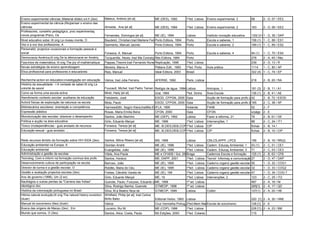 Ensino experimental ciências (Material didáct,vol.II (2ex)        Mateus, António [et al]                  ME (DES), 1992        1ªed. Lisboa    Ensino experimental. 2         68       2 - D, 07 / EE2
Ensino experimental da ciência-(Re)pensar o ensino das
ciências                                                          Almeida , Ana [et al]                    ME (DES), 1994        1ªed. Lisboa    Ensino experimental, 2         163      2 - D, 06 / EE2
Professores, conselho pedagógico, proc experimentaç
novos programas 9ºano, Os                                         Fernandes, Domingos [et al]              ME (IE), 1994         Lisboa          Instituto inovação educativa   130(12+5) - D, 39 / DAP
                                                                                                                                                                                       1
Nível educativo sobe; tít orig Le niveau monte, O                 Baudelot, Christian;trad Marlene FernandesEditora, 1994
                                                                                                       Porto                     Porto           Escola e saberes, 1            158 (1) 1 - C, 68 / ES1
Vez e a voz dos professores, A                                    Sarmento, Manuel Jacinto                 Porto Editora, 1994   Porto           Escola e saberes, 2            189 (1) 1 - C, 69 / ES2
Personalid, projectos vocacionais e formação pessoal e
social                                                            Fonseca, A. Manuel                       Porto Editora, 1994   Porto           Escola e saberes, 4            94 (1)   1 - C, 70 / ES4
Democracia América;tít orig De la démocracie en Amériq            Tocqueville, Alexis; trad Ma Conceição Cunha
                                                                                                       Rés Editora, 1984         Porto                                          278      2 - A, 45 / Rés
Fascínios de matemática; tít orig The joy of mathématique         Pappas,Theomi;trad Fernando NunesReplicação, 1998              1ªed. Lisboa                                   239      2 - D, 13 / R
Novas estratégias de ensino aprendizagem                          Moreira, Marco A.                        Plátano Edit., 1993   1ªed. Porto     Aula prática                   1114     1 - C, 80 / AP
Ética profissional para professores e educadores                  Reis, Manuel                             Ideal Editora, 2003   Brasil                                         322 (4) 1 - C, 74 / EP

Recherche-action en éducation;investigação em educação            Vários; trad Júlia Ferreira              AFERSE, 1992          Paris, Lisboa                                  218      2 - B, 20 / RA
História da sexualidade - I A vontade de saber;tít orig La
volonté de savoir                                                 Foucault, Michel; trad Pedro Tamen Relógio de água, 1994 Lisboa                Antropos, 1                    161 (3) 2 - B, 11 / A1
Como se forrna uma escola activa                                  Miret, Hady [et al]                Ural, 1994            !ªed. Sintra          Área Escola                    136 (1) 2 - B, 41 / AE
Atendimento contexto escolar: auxiliares de educação              Felisberto, José                         ESOD, CFPGN, 2000 Gaia                Acção de formação para profs (a) 2
                                                                                                                                                                                4        2 - B, 72 / ESOD
Activid físicas de exploração da natureza na escola               Mota, Paulo                              ESOD, CFPGN, 2000 Gaia                Acção de formação para profs (b) 65
                                                                                                                                                                                1        2 - C, 38 / AP
Bibliotecários escolares: oirentação e competência                Hannesdóttir, Según Klara;tradMa.Elvira Evaristo
                                                                                                     IFLA, 1995                  Holanda         FIAIB                          52       2-F
Expressão plástica                                                Rosas, Maria Emília Beira                CFGN, 2000            Gaia            CFGN                           s/págs 2 - E
Monotorização das escolas: obsrevar o desempenho                  Santos, João Marinho                     ME (GEP), 1992        Lisboa          Fazer a reforma, 21            76       2 - B, 61 / GE
Política e acção na área educativa                                Grilo, Eduardo Marçal                    ME, 1996              1ªed. Lisboa    Intervenções, 1                88       2 - C, 24 / IT1
Tóxico (in)dependências - guia anotado de recursos                Fonseca, Tereza [et al]                  ME, IE;DES;DEB,CCPES,2001
                                                                                                                             1ªed. Lisboa        CIP                            fichas   2 - B, 14 /
Educação sexual - guia anotado …                                  Fonseca, Tereza [et al]                  ME, IE;DES;DEB,CCPES,2001
                                                                                                                             1ªed. Lisboa        CIP                            fichas   2 - B, 15 / CIP


Rede recursos âmbito da formação sobre HIV-SIDA (2ex)             Santos, Milice Ribeiro [et al]           MS, 1999              Lisboa          CNLCS,APPF, LPCS               156      2 - B, 16 / RR(2)
Educação ambiental na Europa, A                                   Giordan André                            ME (IE), 1996         1ªed. Lisboa    Cadern. Educaç Ambiental, 1    53 (1)   2 - C, 01 / CE1
Educação ambiental                                                Evangelista, João                        ME (IE), 1999        1ªed. Lisboa Cadern. Educaç Ambiental, 3   71      2 - C, 03 / CE3
Administração e gestão de escolas                                 Vilela, Ana Paula                        ME e CFAEB / Sul, 2004
                                                                                                                                Braga         Cadernos Escola e formação   125 (1) 2 - B, 63 / CFB
Tecnolog. Com e inform na formação conínua dos profs              Santos, Horácio                          ME, DAPP, 2001       1ªed-. Lisboa Tecnol Informaç e comunicação27      2 - D, 47 / DAP
Desenvolvimento cultura de participação na escola                 Barroso, João                            ME (IE), 1995         1ªed-. Lisboa Caderno organiz gestão escolar,1
                                                                                                                                                                              55         1 - D, 32 / COG1
Director de turma e a gestão escolar, O                           Roldão, Maria do Céu                     ME (IE), 1995         1ªed-. Lisboa Caderno organiz gestão escolar,2
                                                                                                                                                                              32         1 - D, 33 / COG2
Gestão e avaliação projectos escolas (2ex)                        Freitas, Cândido Varela de               ME (IE), 199          1ªed. Lisboa    Caderno organiz gestão escolar, 47
                                                                                                                                                                                 7       1 - D, 34 / COG 7
Ano de governo (1996), Um (2 ex)                                  Grilo, Eduardo Marçal                    ME, 19                1ªed. Lisboa    Intervenções, 2                123      2 - C, 25 / IT2
Naufrágios e outras perdas da "Carreira dasroteiro
Quotidiano na Lisboa dos Descobrimentos: Índias"                  Guinote, Paulo; Frutuoso, Eduardo (et al) 1998
                                                                                                      ME,                        1ª ed. Lisboa                                  467      2 - A, 18 / NI
ideológico doc                                                    Silva, Rodrigo Banha; Guenote       GTMEDP, 1998               1ª ed. Lisboa                                  285[1]   2 - A, 17 / QD
História da colonização portuguesa no Brasil                      Silva, M.a Beatriz Niza de               GTMEOP, 1999          Lisboa          Colibri                        127(1)   2 - A, 20 / HB
Hitória natural evolução;tít orig:The natural history evolution   Whitfield, Philip [et al]; trad Carlos
(ilustr)                                                          Birfio Babo                              Editorial Verbo, 1993 Lisboa                                         220 [1] 2 - A, 30 / HNE
Manual do socorrismo (6ex) (ilustr)                               Vários                                   Cruz Vermelha Portug, 2ªed.Mem Martins
                                                                                                                                 2000         Escola de socorrismo              128 [1] 2 - E
Busca das origens de Macau (2ex) , Em                             Loureiro, Rui M.                         ME (CDP), 1996        1ªed. Lisboa                                   228 [1] (1) - A, 23 / BM
                                                                                                                                                                                         2
Mundo que somos, O (3ex)                                          Santos, Alice; Costa, Paula              Nô Edições, 2000      1ªed. Colares                                  115
 