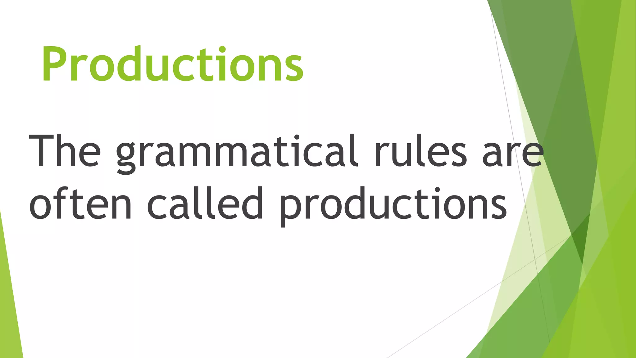 Productions
The grammatical rules are
often called productions