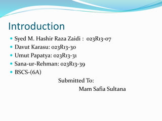 Introduction
 Syed M. Hashir Raza Zaidi : 023R13-07
 Davut Karasu: 023R13-30
 Umut Papatya: 023R13-31
 Sana-ur-Rehman: 023R13-39
 BSCS-(6A)
Submitted To:
Mam Safia Sultana
 