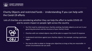Charity Objects and restricted funds - Understanding if you can help with
the Covid-19 efforts
Lots of charities are consi...