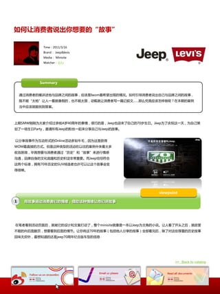 ˵Ҫġ¡

           Time2011/3/16
           Brand Jeep&levis
           Media Minisite
           Watcher@Az




          Summary


    ͨ߰mךƷYmʁ~ӦڹIwomְmꡣ˵ԼƷYmʁ~
    آܡ̫ǹһٰmҲآ̫ݣ۽дһƪǅġôӦڹأڱڰm
    Ӧڹҵ𰸡



SMWոΪҽܹA40m~飬ɰmǣJeepҲӭԼm70աJeepΪףһ죬ΪԼ
һPartyJeepm˿һԼJeepmʁ~


Էʁ~Ϊ۽ʽmOnline۽ţѣΪǻ
WOMֱӰmʽǷͰm۽m
Ч΢ϾҪͨ߳͡ʁ~
ͨƷmĻ̺߳ǎҪJeepǡǡ
׼ӵ70߳mSUVҲ÷ʁ~ᷢ
úܰ




                                                 viewpoint

1    ùµǵǽ




ڱ߿۽ҳ󣬾ͱmکƺİ۽ˣminisiteһJeepΪǰmС˵˿˿ͷY󣬾
آܰm淭ҳҪmڡ70mʁ~˷mʁ~ȫ󣬳˶ԷЩذm߳ʁ~
ζ⣬֪mjeep70泵ͰmϢ




                                                        >> Back to catalog
 