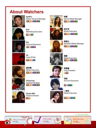 About Watchers
      IpodFu                   
      Senior Account Manager   Senior Media Manager




      Eva                      ٸ
      Marketing Executive      Media Executive




      Rix                      ѩ
      Account Executive        Assistant Media Manager




      Az                       
      Copy Writer              Media Executive




      ƿ                      ǽ
      Media Executive          Vice President



                               
      Chauncey                 Account Executive
      Assistant Analyst



                               һ֦
      Ocean WU                 Media Executive
      Product Director




                                            >> Back to catalog
 