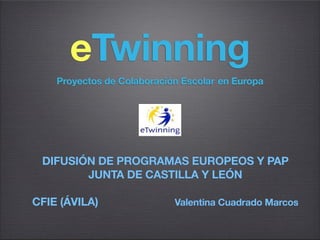 eTwinning
    Proyectos de Colaboración Escolar en Europa




 DIFUSIÓN DE PROGRAMAS EUROPEOS Y PAP
        JUNTA DE CASTILLA Y LEÓN

CFIE (ÁVILA)                Valentina Cuadrado Marcos
 