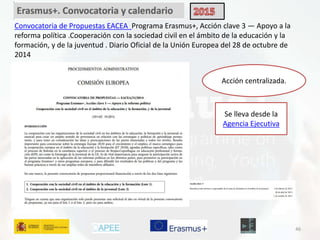 46 
Convocatoria de Propuestas EACEA Programa Erasmus+, Acción clave 3 — Apoyo a la 
reforma política .Cooperación con la sociedad civil en el ámbito de la educación y la 
formación, y de la juventud . Diario Oficial de la Unión Europea del 28 de octubre de 
2014 
Acción centralizada. 
Se lleva desde la 
Agencia Ejecutiva 
 