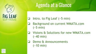 ❏ Intro. to Fig Leaf (~5 min)
❏ Background on current WMATA.com
(~5 min)
❏ Visions & Solutions for new WMATA.com
(~40 min)
❏ Demo & Announcements
(~10 min)
Agenda at a Glance
 