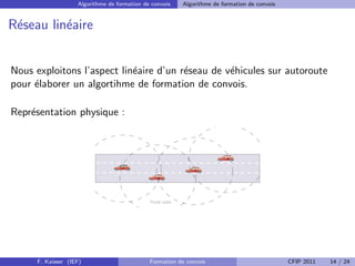 Algorithme de formation de convois      Algorithme de formation de convois


R´seau lin´aire
 e        e


Nous exploitons l’aspect lin´aire d’un r´seau de v´hicules sur autoroute
                            e           e         e
pour ´laborer un algortihme de formation de convois.
     e

Repr´sentation physique :
    e



                                                                            4

                                    1
                                                                3

                                                 2




                                              Porté radio




      F. Kaisser (IEF)                        Formation de convois                               CFIP 2011   14 / 24
 