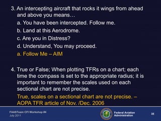 35Federal Aviation
Administration
FAASTeam CFI Workshop #4
July 2011
3. An intercepting aircraft that rocks it wings from ahead
and above you means…
a. You have been intercepted. Follow me.
b. Land at this Aerodrome.
c. Are you in Distress?
d. Understand, You may proceed.
a. Follow Me – AIM
4. True or False; When plotting TFRs on a chart; each
time the compass is set to the appropriate radius; it is
important to remember the scales used on each
sectional chart are not precise.
True, scales on a sectional chart are not precise. –
AOPA TFR article of Nov. /Dec. 2006
 