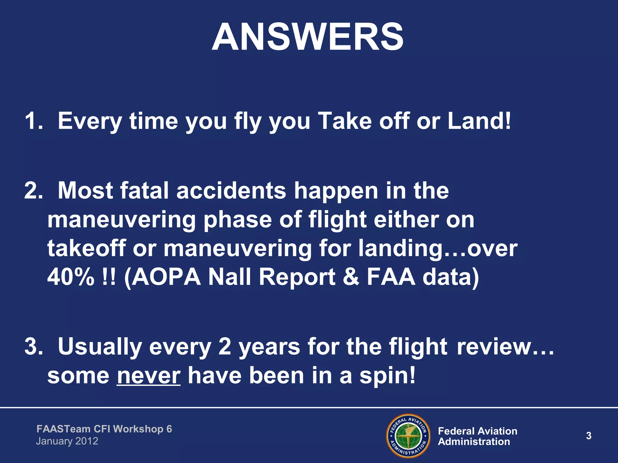 Federal Aviation
Administration
3
FAASTeam CFI Workshop 6
January 2012
ANSWERS
1. Every time you fly you Take off or Land!
2. Most fatal accidents happen in the
maneuvering phase of flight either on
takeoff or maneuvering for landing…over
40% !! (AOPA Nall Report & FAA data)
3. Usually every 2 years for the flight review…
some never have been in a spin!
 