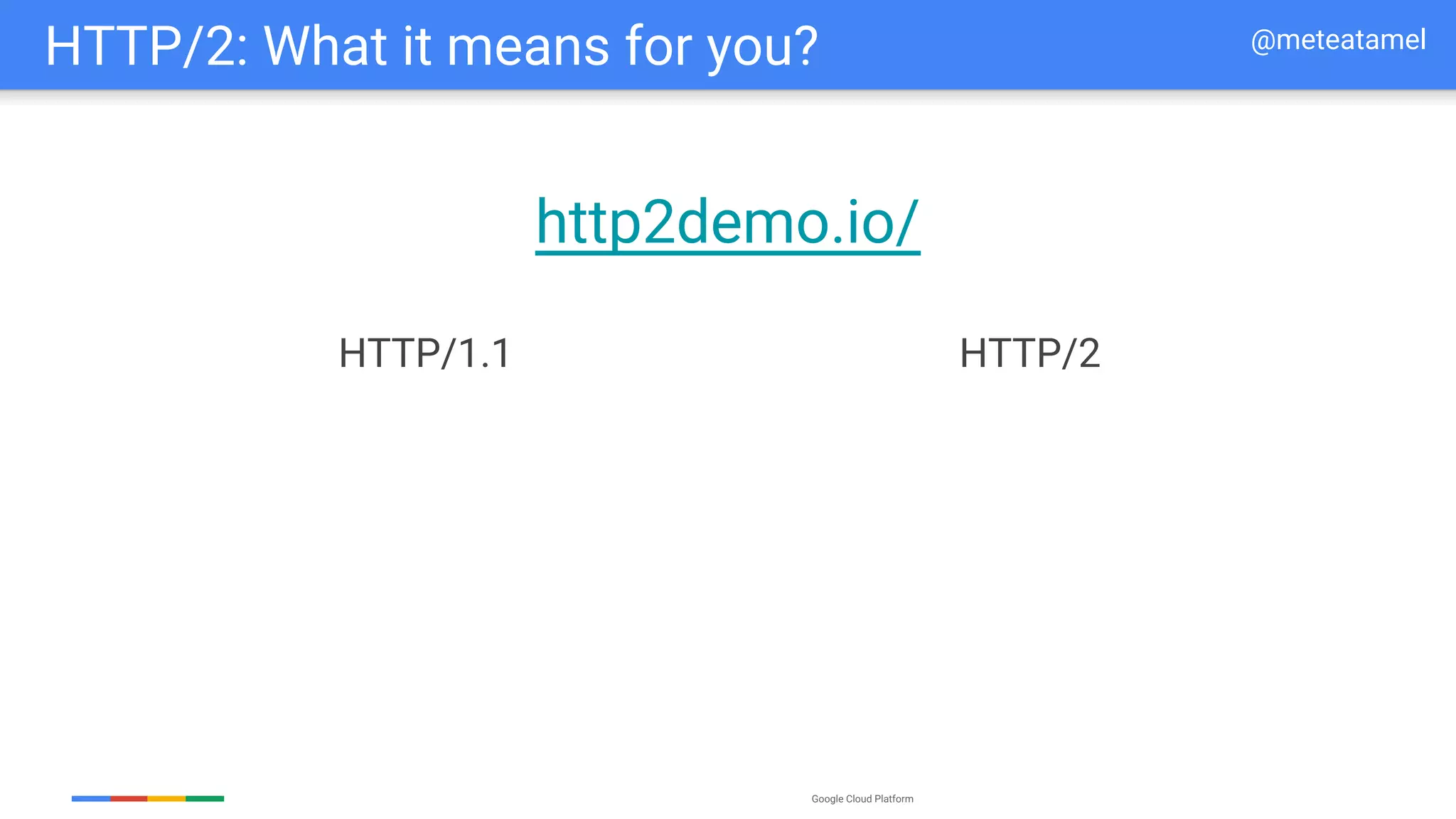 Google Cloud Platform
HTTP/2: What it means for you?
HTTP/2HTTP/1.1
http2demo.io/
@meteatamel
 