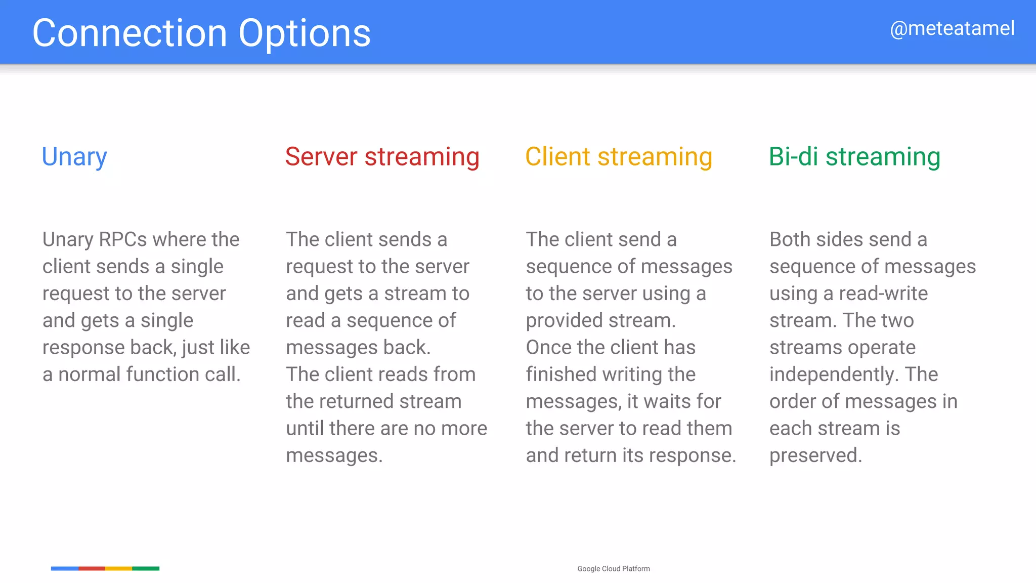 Google Cloud Platform
Connection Options
The client send a
sequence of messages
to the server using a
provided stream.
Once the client has
finished writing the
messages, it waits for
the server to read them
and return its response.
Client streaming
Both sides send a
sequence of messages
using a read-write
stream. The two
streams operate
independently. The
order of messages in
each stream is
preserved.
Bi-di streaming
Unary RPCs where the
client sends a single
request to the server
and gets a single
response back, just like
a normal function call.
Unary
The client sends a
request to the server
and gets a stream to
read a sequence of
messages back.
The client reads from
the returned stream
until there are no more
messages.
Server streaming
@meteatamel
 