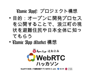 Namie Apps! プロジェクト構想
• 目的：オープンに開発プロセス
を公開することで、浪江町の現
状を避難住民や日本全体に知っ
てもらう
• Namie App Market 構想
 