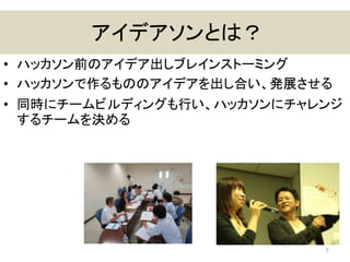 アイデアソンとは？
• ハッカソン前のアイデア出しブレインストーミング
• ハッカソンで作るもののアイデアを出し合い、発展させる
• 同時にチームビルディングも行い、ハッカソンにチャレンジ
するチームを決める
5
 